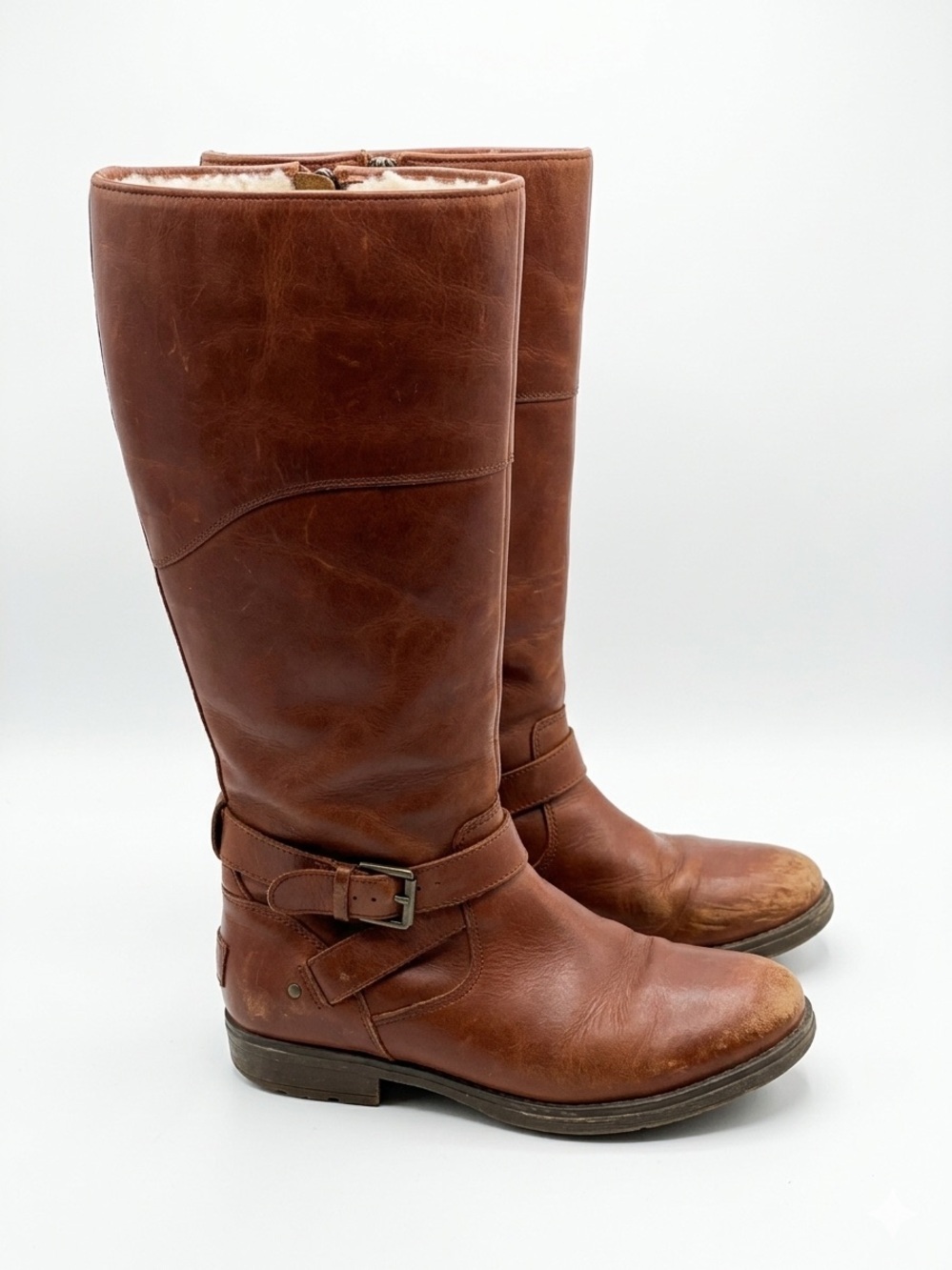 UGG Chestnut Brown Leather Knee-High Buckle Boots